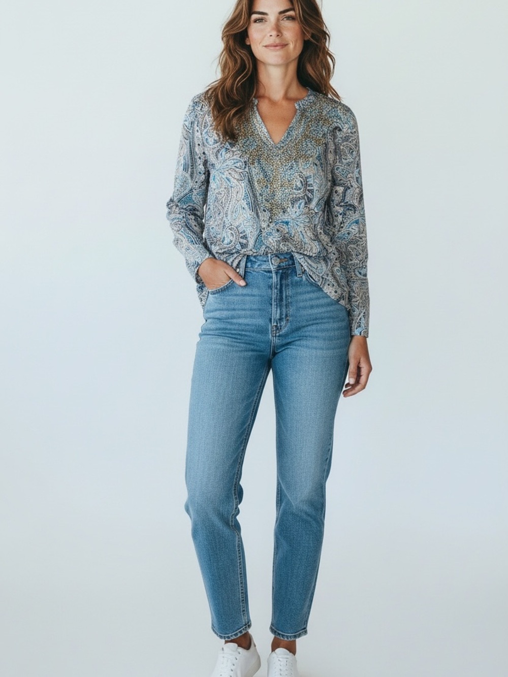 Cristina V Ornate Embellished Tunic Size Large Blue and Grey